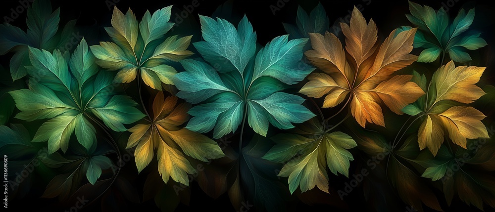 Aufkleber painting of leaves with a blue and yellow color scheme. the leaves are arranged in a row and are of 