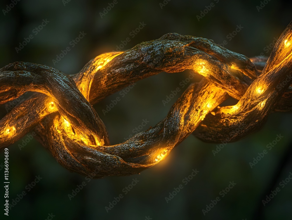 Poster intricate wooden twigs twist together with glowing yellow lights creating a magical ambiance in a na