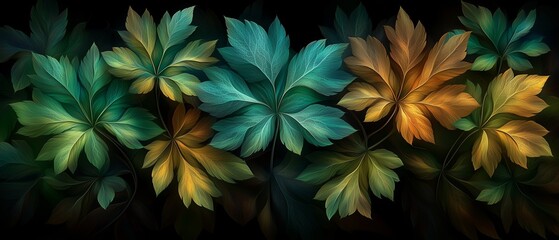 Painting of leaves with a blue and yellow color scheme. The leaves are arranged in a row and are of different sizes. The painting has a calming and peaceful mood