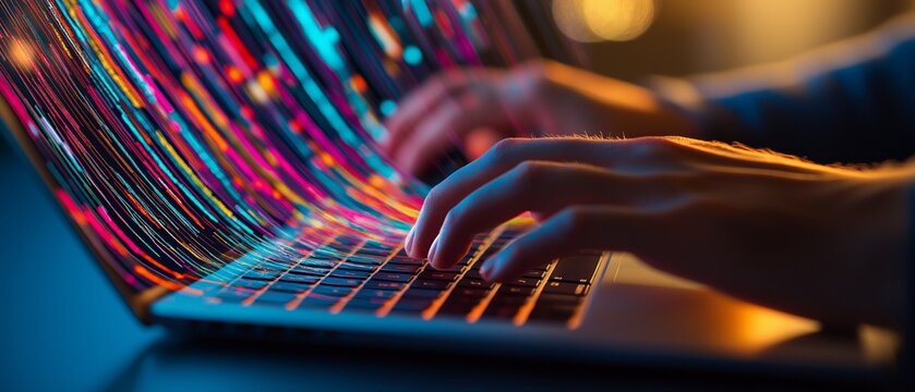 Person is typing on a laptop with a colorful background. Concept of creativity and productivity, as the person is using the laptop to work on a project or document