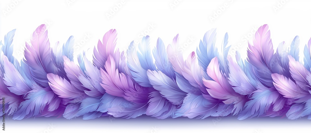 Poster purple and blue feathery border with a white background. the feathers are very colorful and seem to 