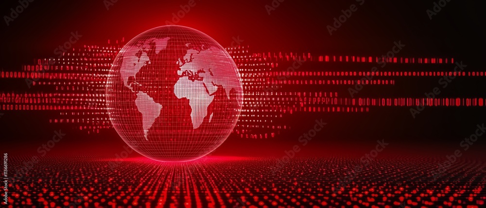 Aufkleber Red background with a globe in the center. The globe is surrounded by a red line. Concept of technology and the interconnectedness of the world