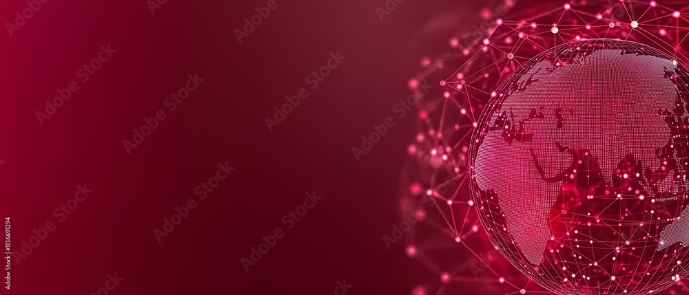 Poster red background with a red sphere in the center. the sphere is surrounded by a network of lines