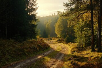 Fototapeta premium Sunlit Forest Path Autumnal Scenery
