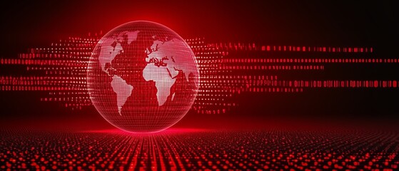 Red background with a globe in the center. The globe is surrounded by a red line. Concept of technology and the interconnectedness of the world