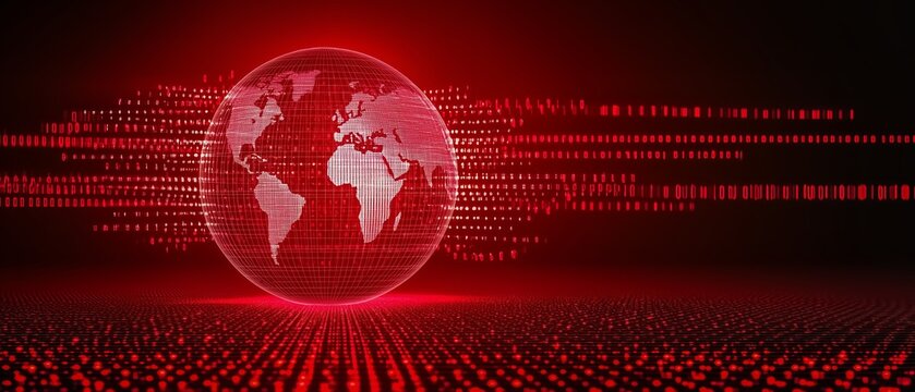 Red background with a globe in the center. The globe is surrounded by a red line. Concept of technology and the interconnectedness of the world