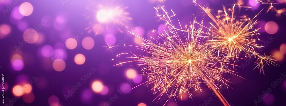 Poster a vibrant display of sparklers against a purple backdrop, creating a mesmerizing bokeh effect with g