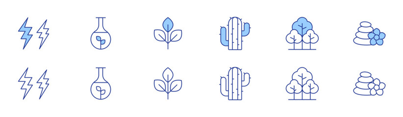 Nature icon set in two styles, Duotone and Thin Line style. Editable stroke. lightning, cactus, forest, natural product, plant, stones