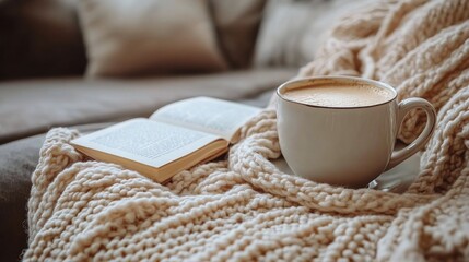 Cozy afternoon with coffee and a book on a knitted blanket