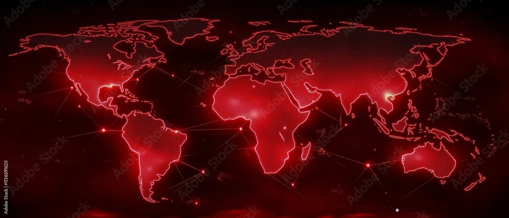 Poster red globe with a red outline of the world. the globe is lit up with red lights