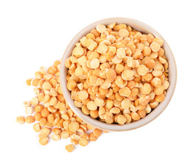 Dried peas in bowl isolated on white, top view