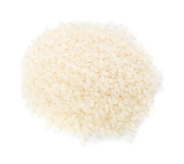 Heap of raw rice isolated on white, top view