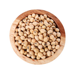 Soy beans in bowl isolated on white, top view