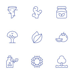 Nature icons set. Thin Line style, editable stroke. ginger, herbal, homeopathy, leaf, sunflower, tomato, tornado, tree