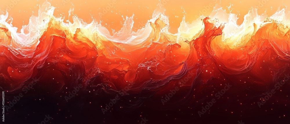 Poster red wave with white foam is shown in the image. the wave is very large and has a lot of foam, giving