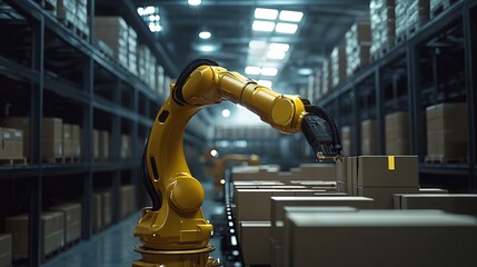 A robotic arm in a large warehouse with shelves and boxes