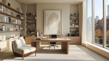 Modern minimalist home office with large windows, wooden desk, and built-in shelving.