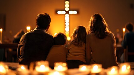 Obraz premium Family Silhouetted Against Illuminated Cross In Church