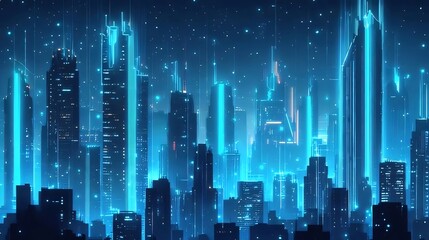 Futuristic city skyline at night with glowing blue energy beams.