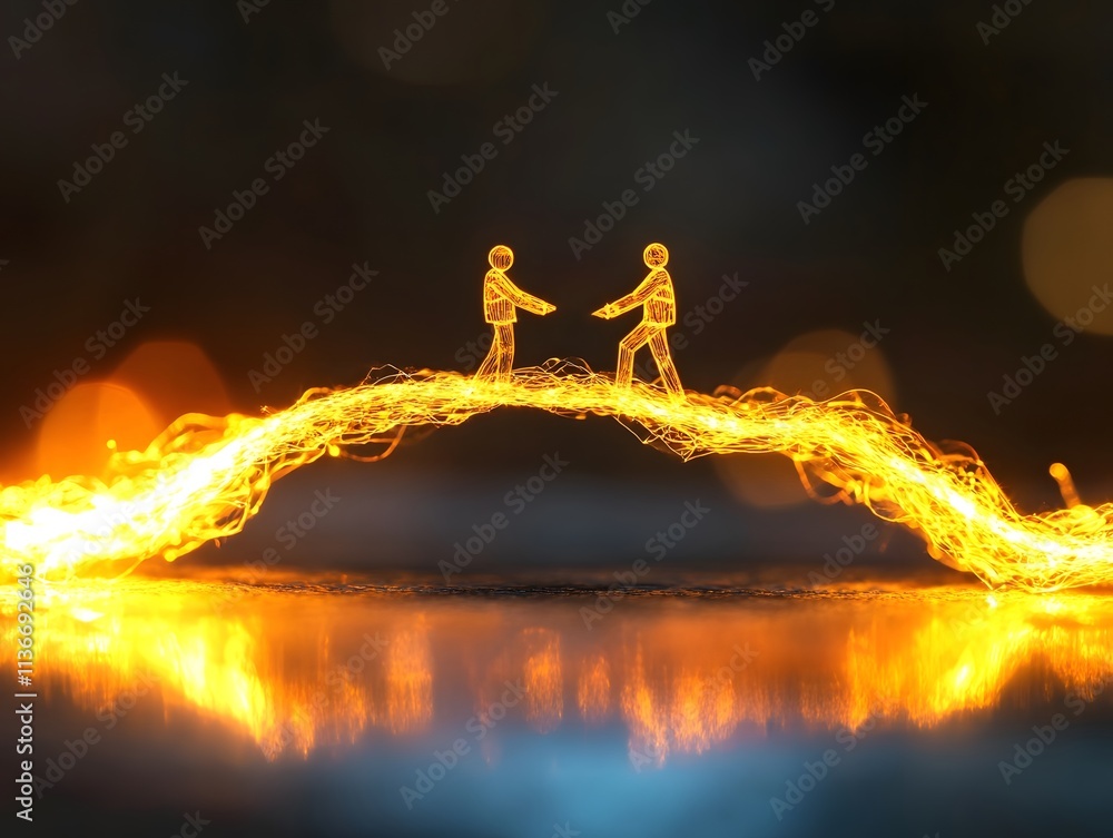 Poster two miniature figures connecting and bridging a glowing path of sparks, symbolizing friendship, coop