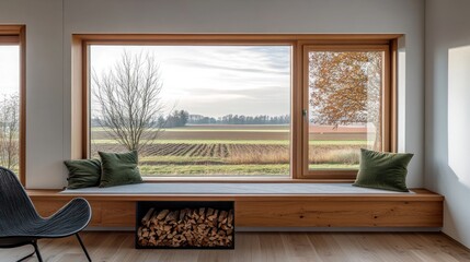 Modern window seat with wood frame, offering a rural view.