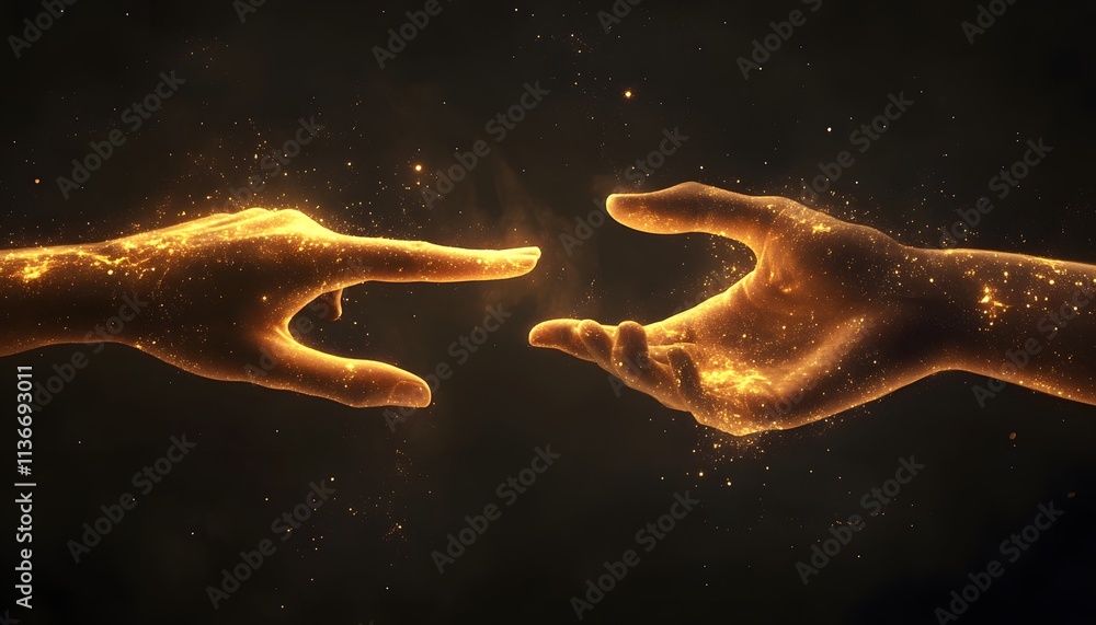 Poster artistic representation of two hands reaching toward each other with a golden glow against a dark ba