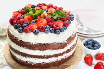 Delicious chocolate sponge cake with berries served on light table, closeup