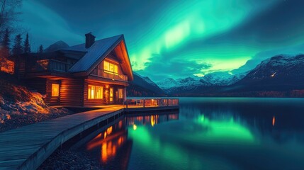 Fototapeta premium Illuminated Lakeside Cabin Underneath Vibrant Aurora Borealis
