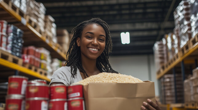 A young woman smiles as she fills a bag with rice, cans of beans, and pasta, with the bright light of the food bank warehouse highlighting the abundance of donations.
