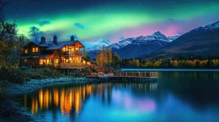 Fototapeta premium Illuminated Log Cabin Lakeside Aurora Borealis Mountain View