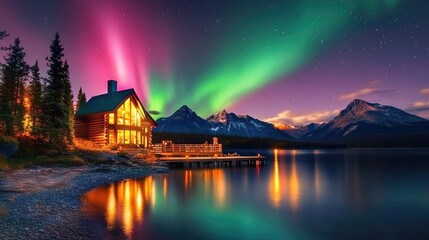 Fototapeta premium Illuminated Log Cabin Lakeside Aurora Borealis Mountain View