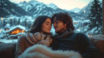 In a cozy cabin, a couple shares an intimate moment, gazing into each other's eyes with smiles. soft snow falls outside the window