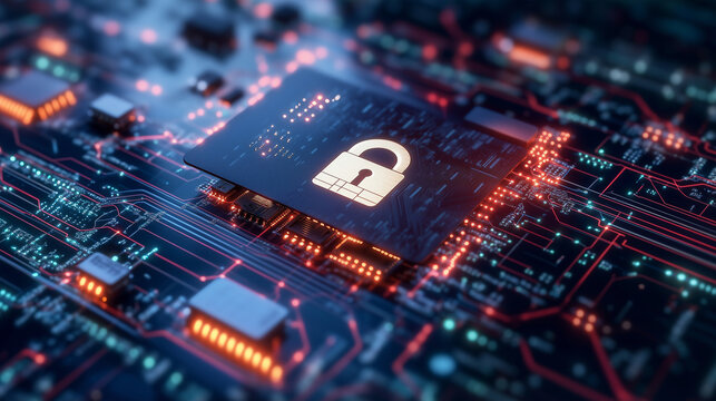 A credit card rests on a glowing circuit board, locked by a digital padlock, as virtual data streams surround it, indicating strong cybersecurity measures for online payments.
