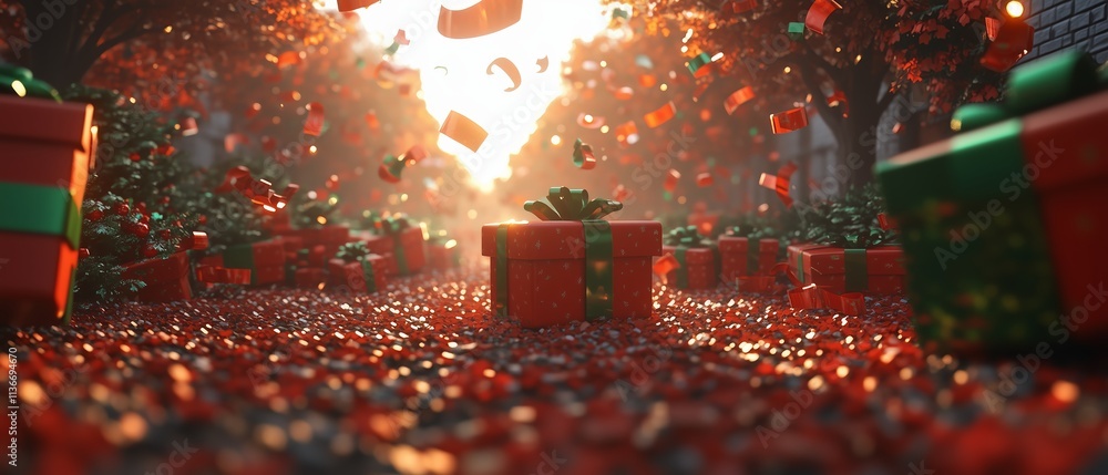 Poster christmas scene with a red box in the middle surrounded by many other red boxes. the boxes are scatt