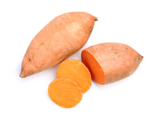 Fresh raw sweet potatoes isolated on white, top view