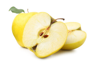 Whole and cut ripe yellow apples isolated on white