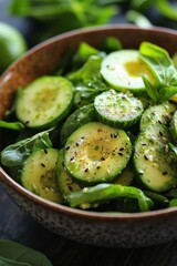 Fresh green salad with cucumber, avocado, and sesame seeds served in a textured bowl