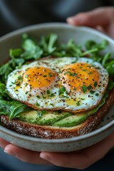Delicious avocado toast topped with poached eggs served with fresh greens in a stylish setting