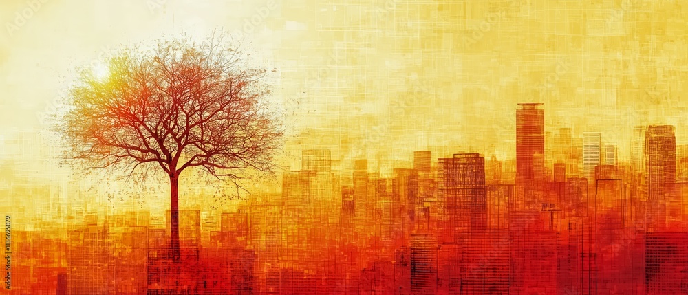 Poster tree is in the foreground of a cityscape with buildings in the background. the cityscape is orange a