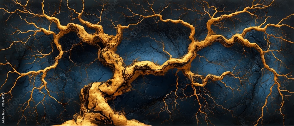Poster tree with branches that are gold and blue. the branches are twisted and the leaves are dark