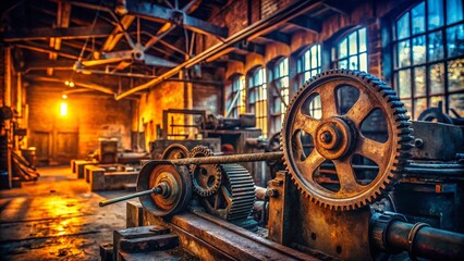 Obraz premium Vintage Old Machinery in a Deserted Workshop with Rust and Dust, Featuring Mechanical Gears and Tools on Display, Perfect for Industrial and Historical Themes