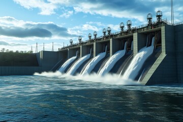 Dynamic view of a hydroelectric dam with cascading water and electric turbines powered by the flowing river, showcasing clean energy generation for a sustainable future.