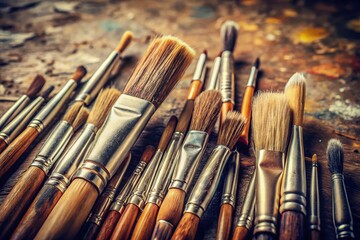 Fototapeta premium Vintage Paintbrush Set Photography: Antique Art Supplies, Retro Brushes, Old Paintbrushes, Still Life