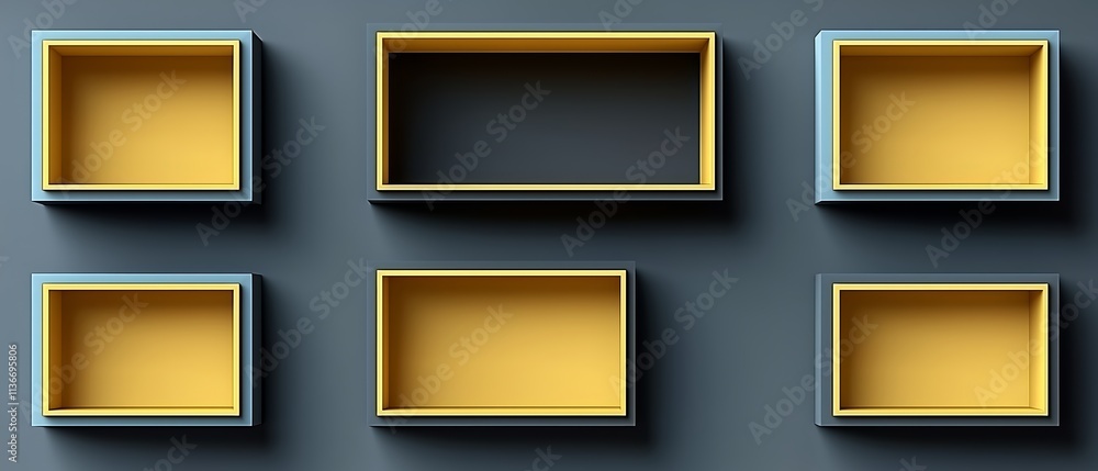 Poster wall with six shelves, each with a different color and size. the shelves are arranged in a way that 