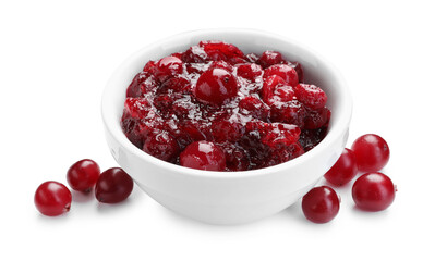 Tasty cranberry sauce in bowl and berries isolated on white