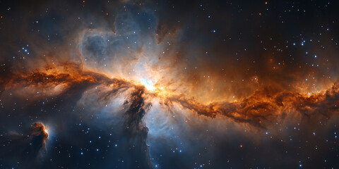 Fototapeta premium A nebula in space, with blue and orange colors, a bright star at the center of it