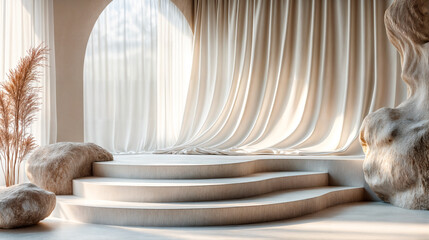 Triple podium vide arrondi dans un pièce futuriste pour exposition