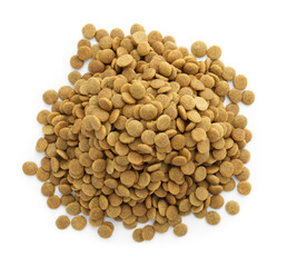 Pile of pet food isolated on white, top view