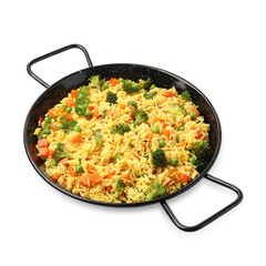 Tasty rice with vegetables in baking dish isolated on white