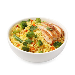 Tasty rice with vegetables and chicken isolated on white